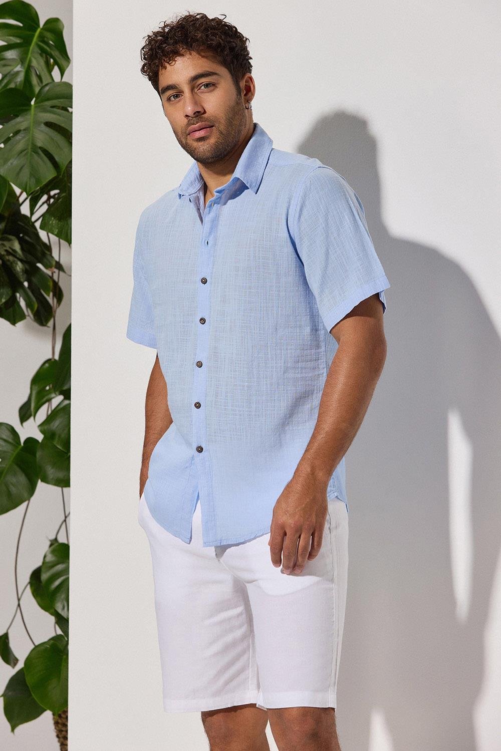 Short-Sleeved Sile Cloth Blue Shirt