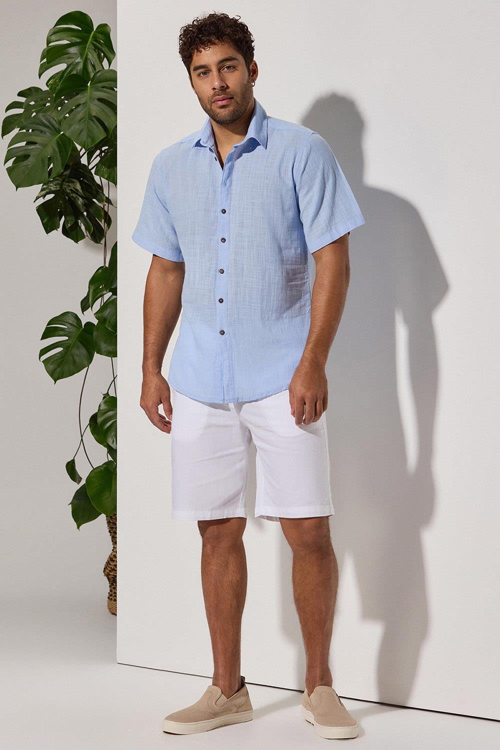 Short-Sleeved Sile Cloth Blue Shirt