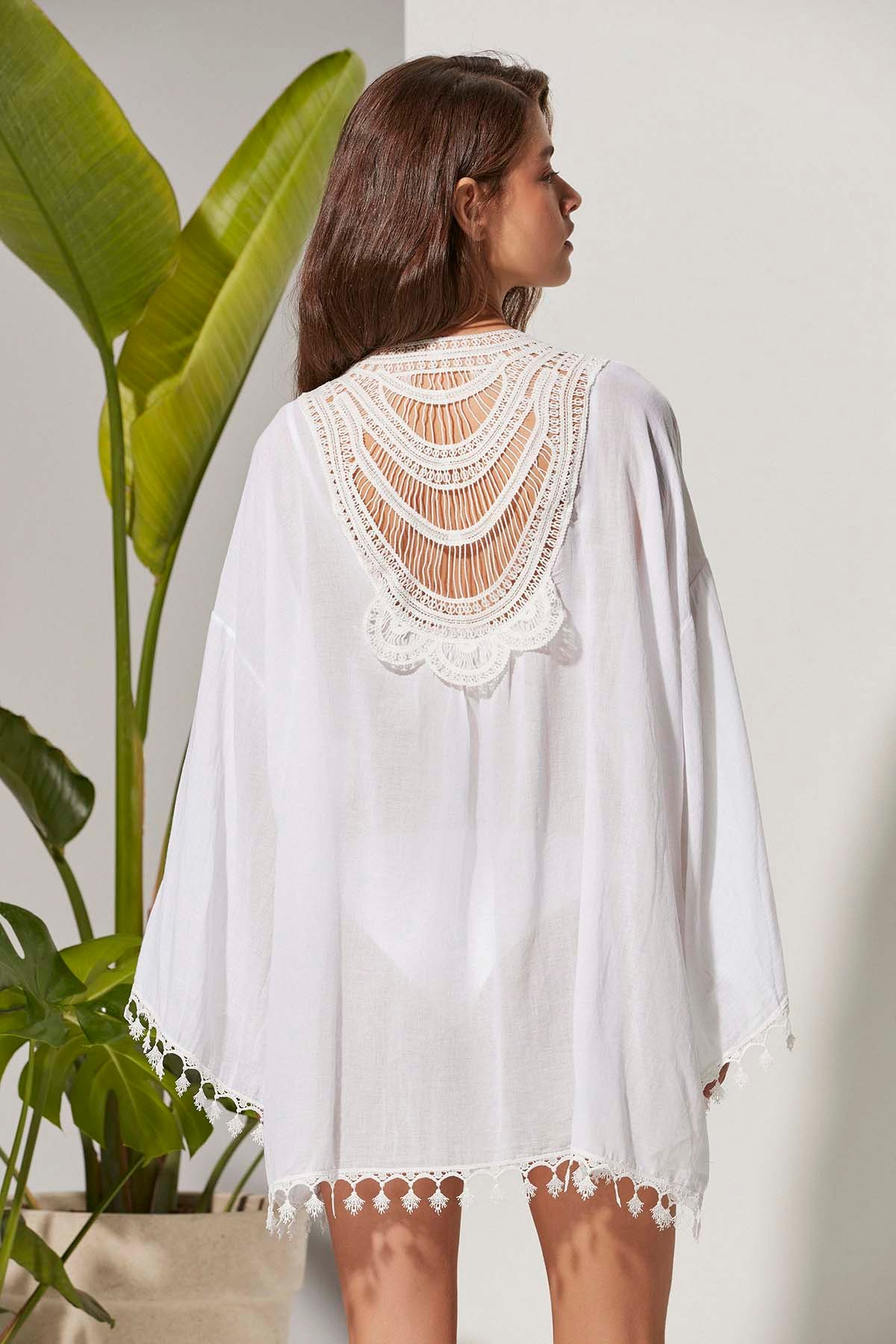 Sırtı Dantel Önü İpli Beyaz Pareo