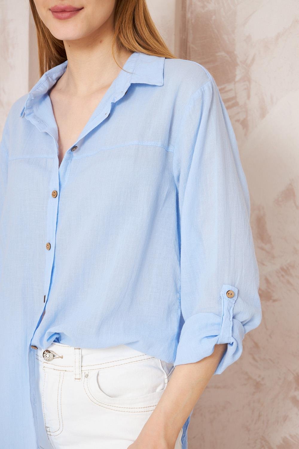 Taç Şile Bezi Mavi Kadın Gömlek