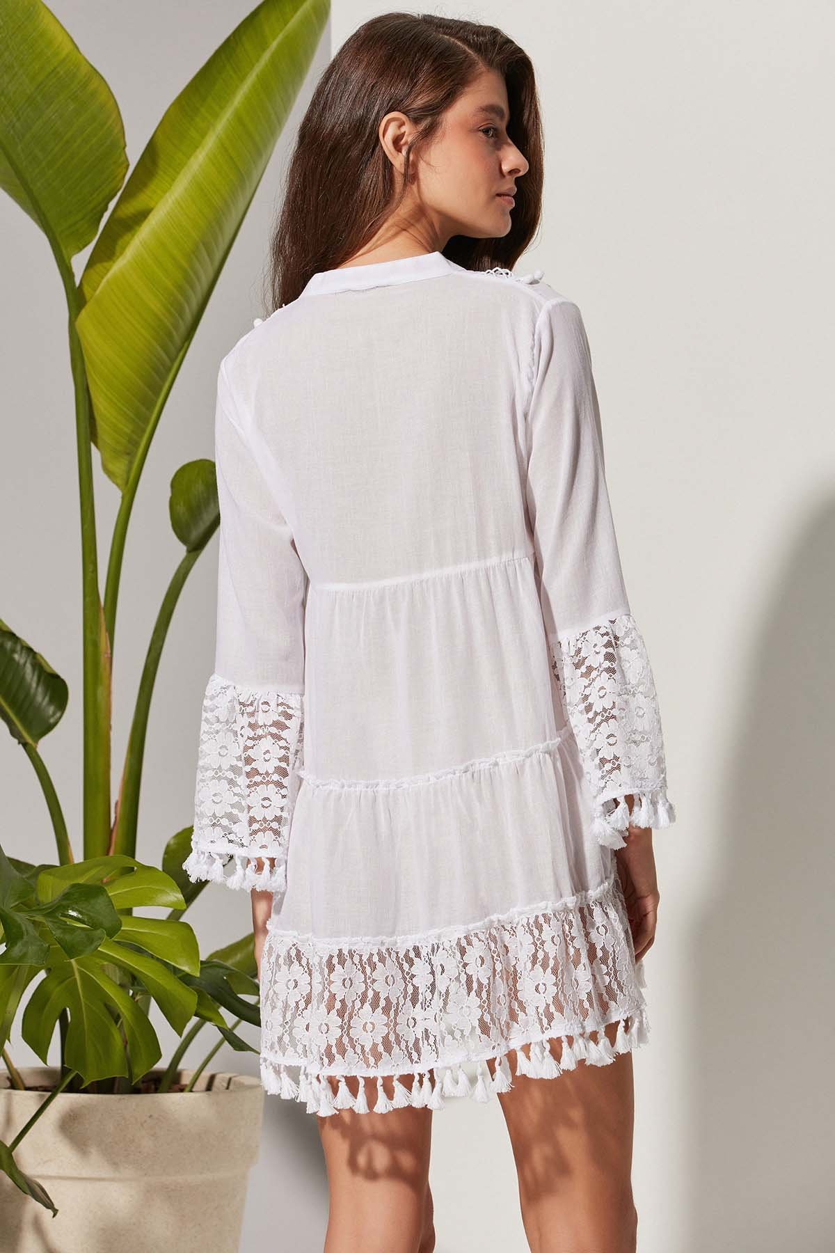 Uzun Kol Dantel Garni Vual Tunik