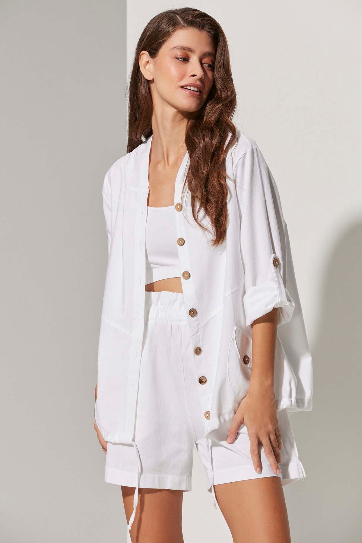 Uzun Kol Koko Düğme Kapuşonlu Ceket