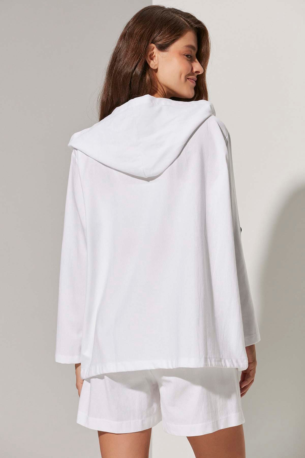 Uzun Kol Koko Düğme Kapuşonlu Ceket