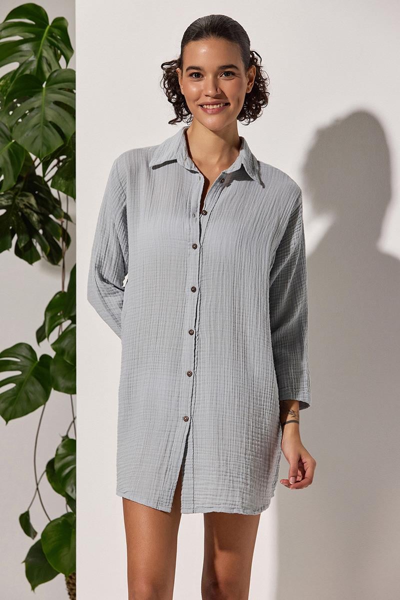 Uzun Kol Muslin Gri Kadın Gömlek