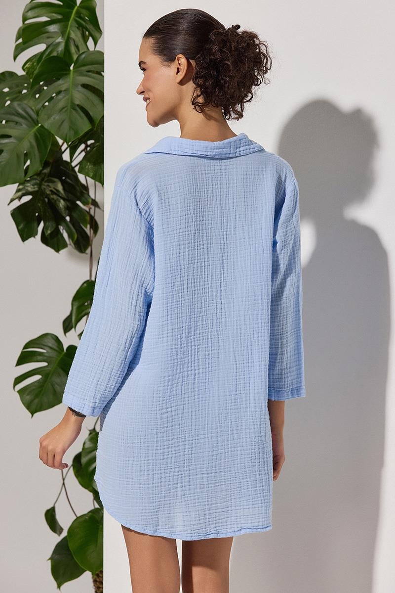 Uzun Kol Muslin Mavi Kadın Gömlek