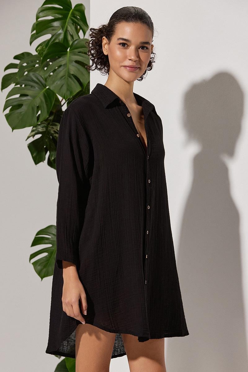 Uzun Kol Muslin Siyah Kadın Gömlek