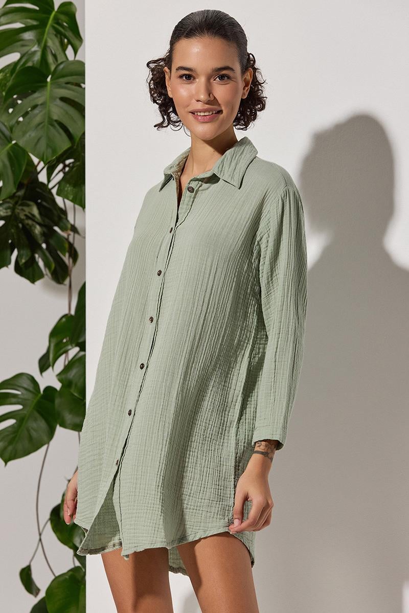 Uzun Kol Muslin Yeşil Kadın Gömlek