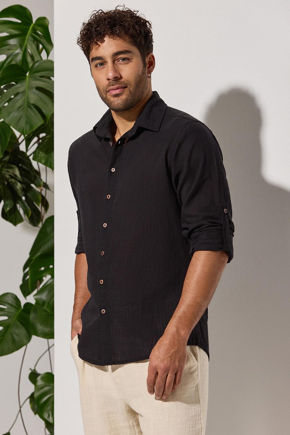 Long Sleeve Slub Black Shirt