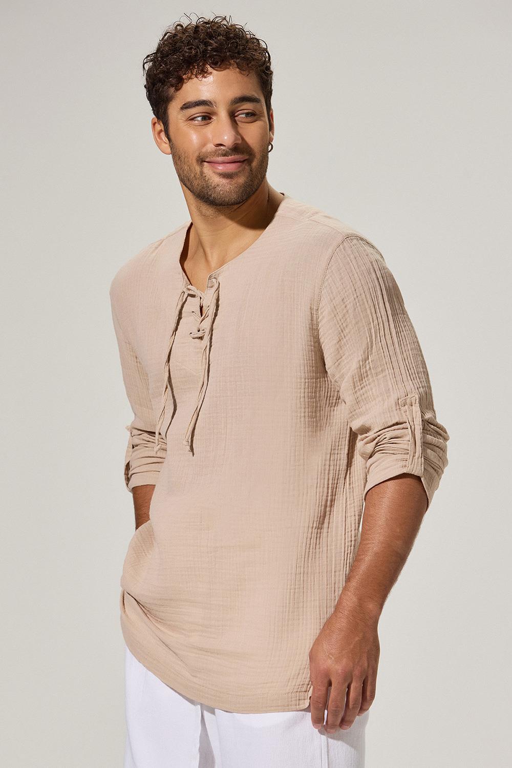 Uzun Kol Zımbalı Şile Bezi Bej Erkek T-Shirt