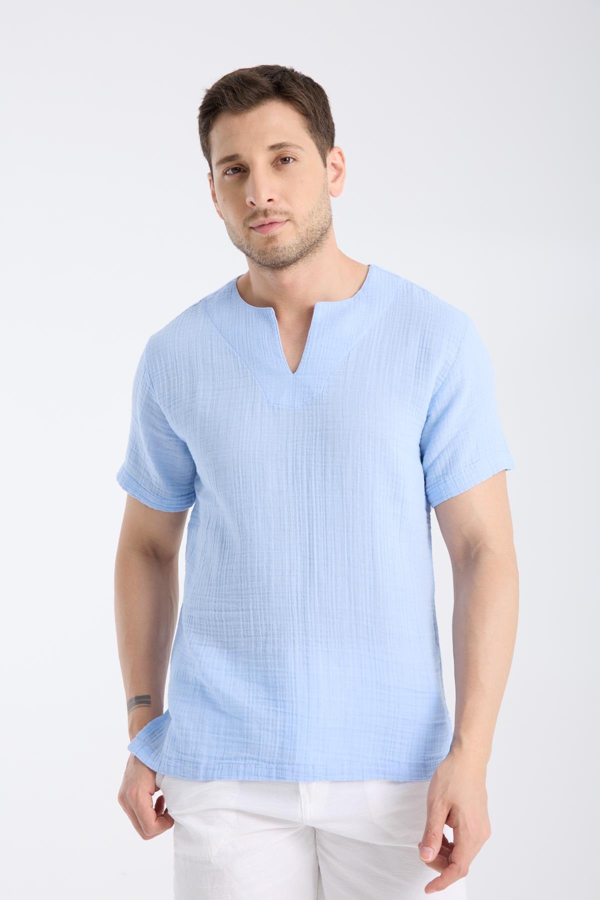 Uzun Kol Zımbalı Şile Bezi Mavi Erkek T-Shirt