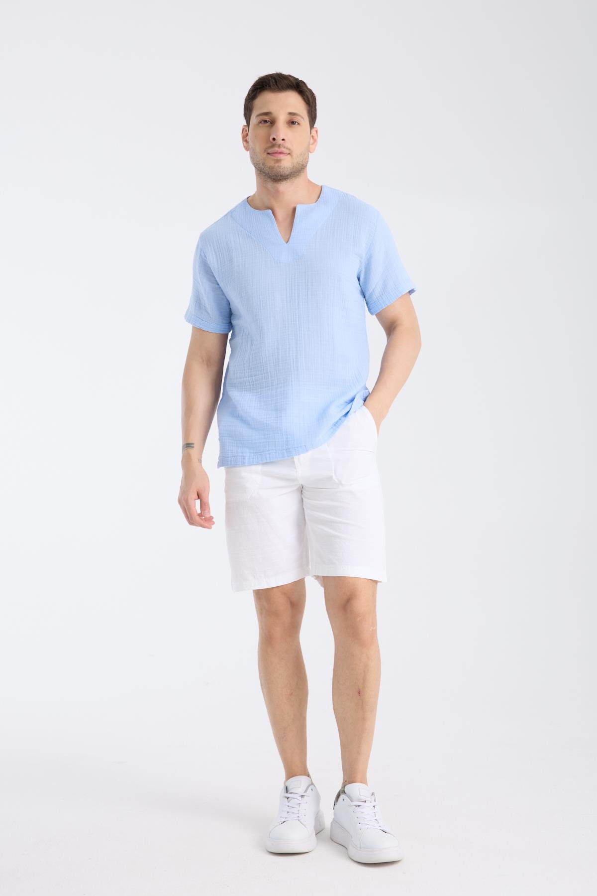 Uzun Kol Zımbalı Şile Bezi Mavi Erkek T-Shirt