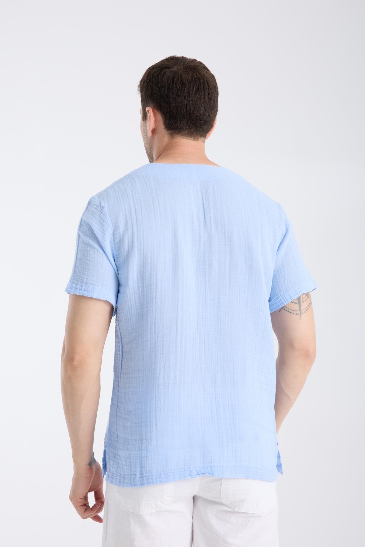 Uzun Kol Zımbalı Şile Bezi Mavi Erkek T-Shirt