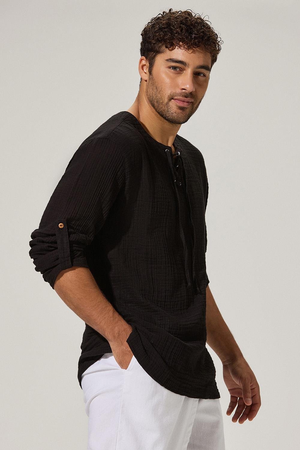 Uzun Kol Zımbalı Şile Bezi Siyah Erkek T-Shirt