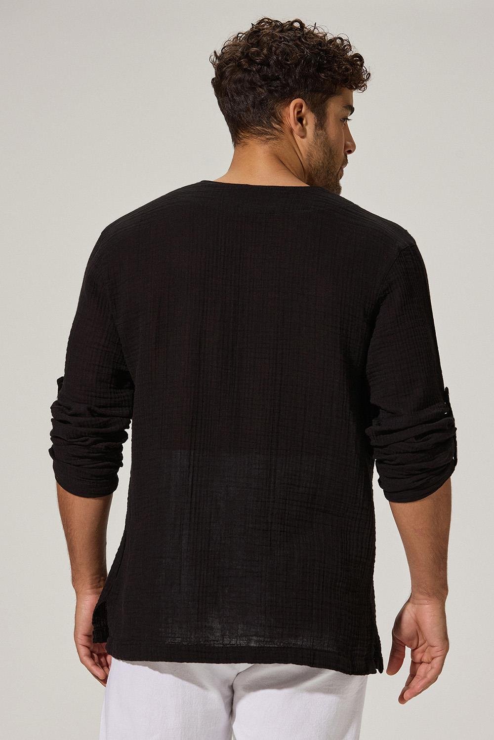 Uzun Kol Zımbalı Şile Bezi Siyah Erkek T-Shirt