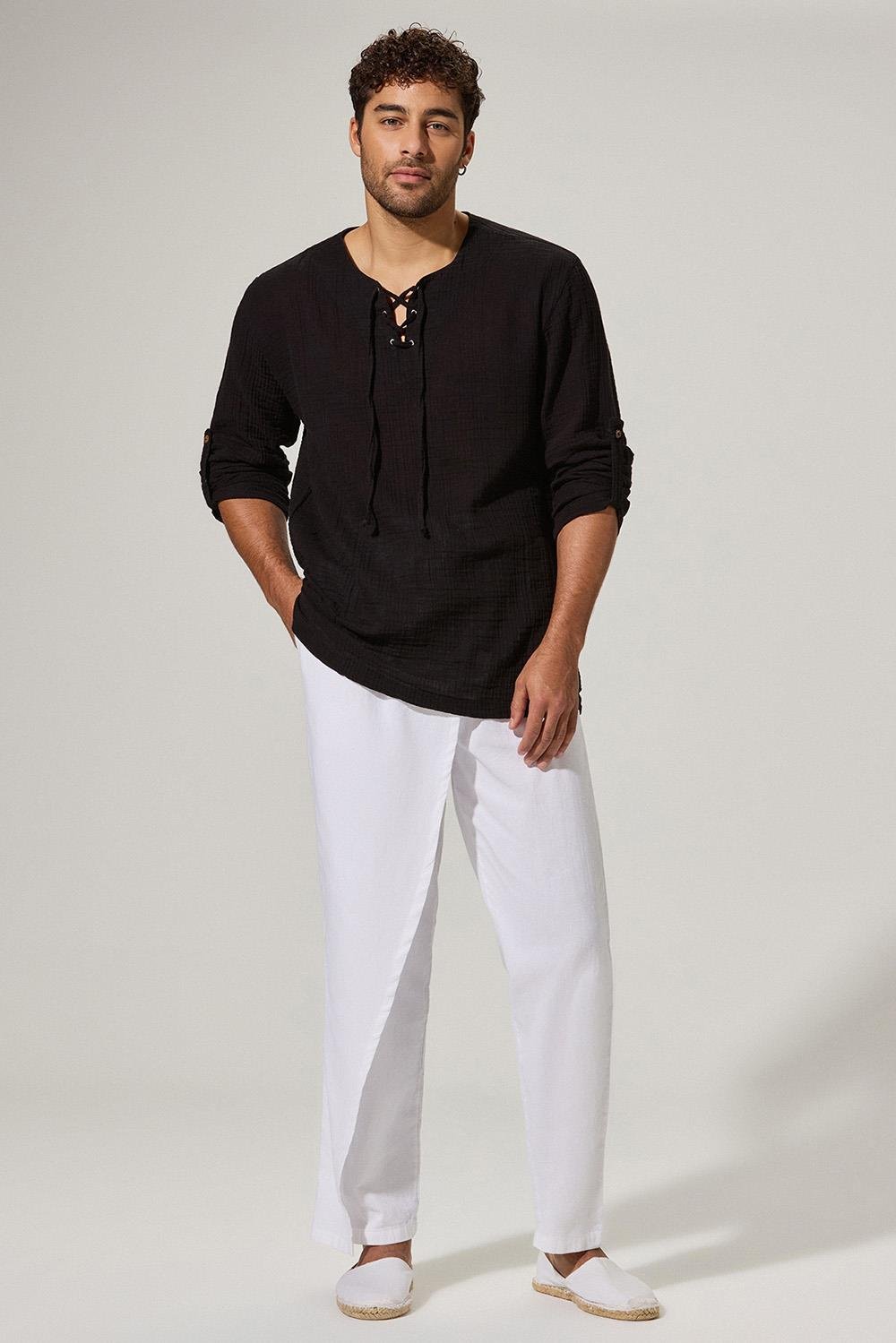 Uzun Kol Zımbalı Şile Bezi Siyah Erkek T-Shirt