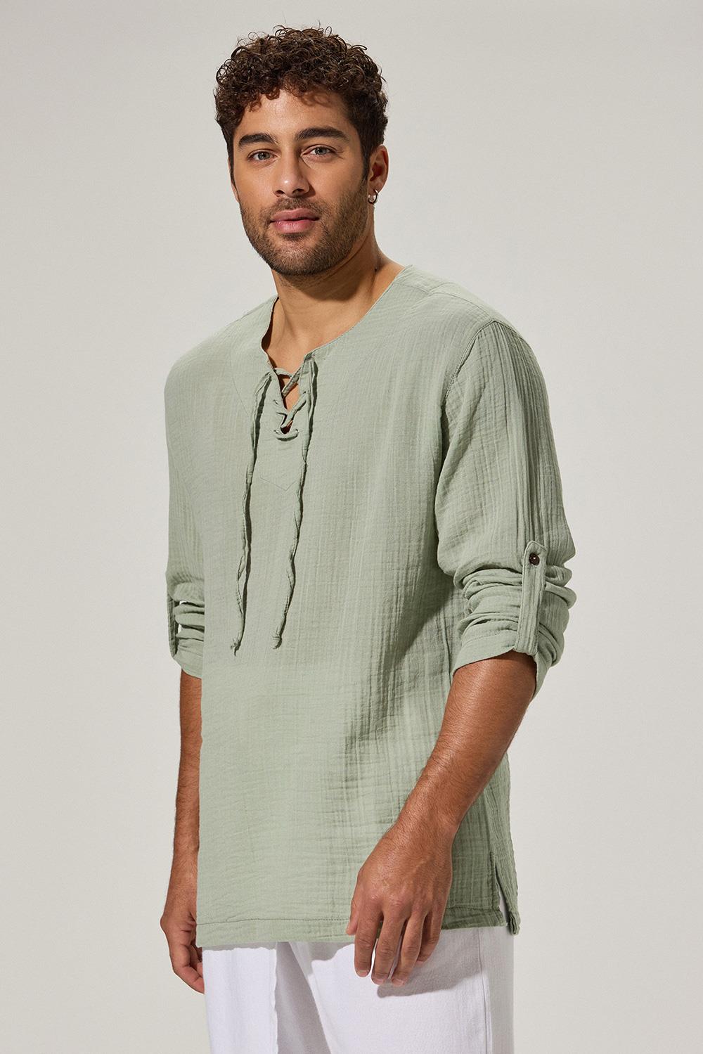 Uzun Kol Zımbalı Şile Bezi Yeşil Erkek T-Shirt
