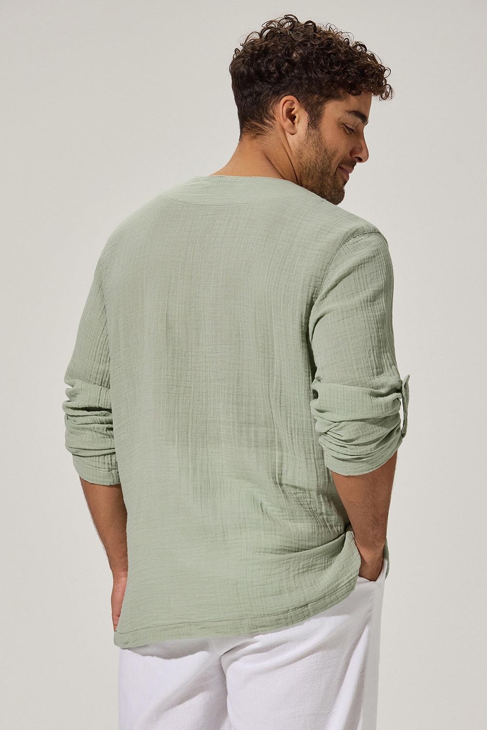 Uzun Kol Zımbalı Şile Bezi Yeşil Erkek T-Shirt