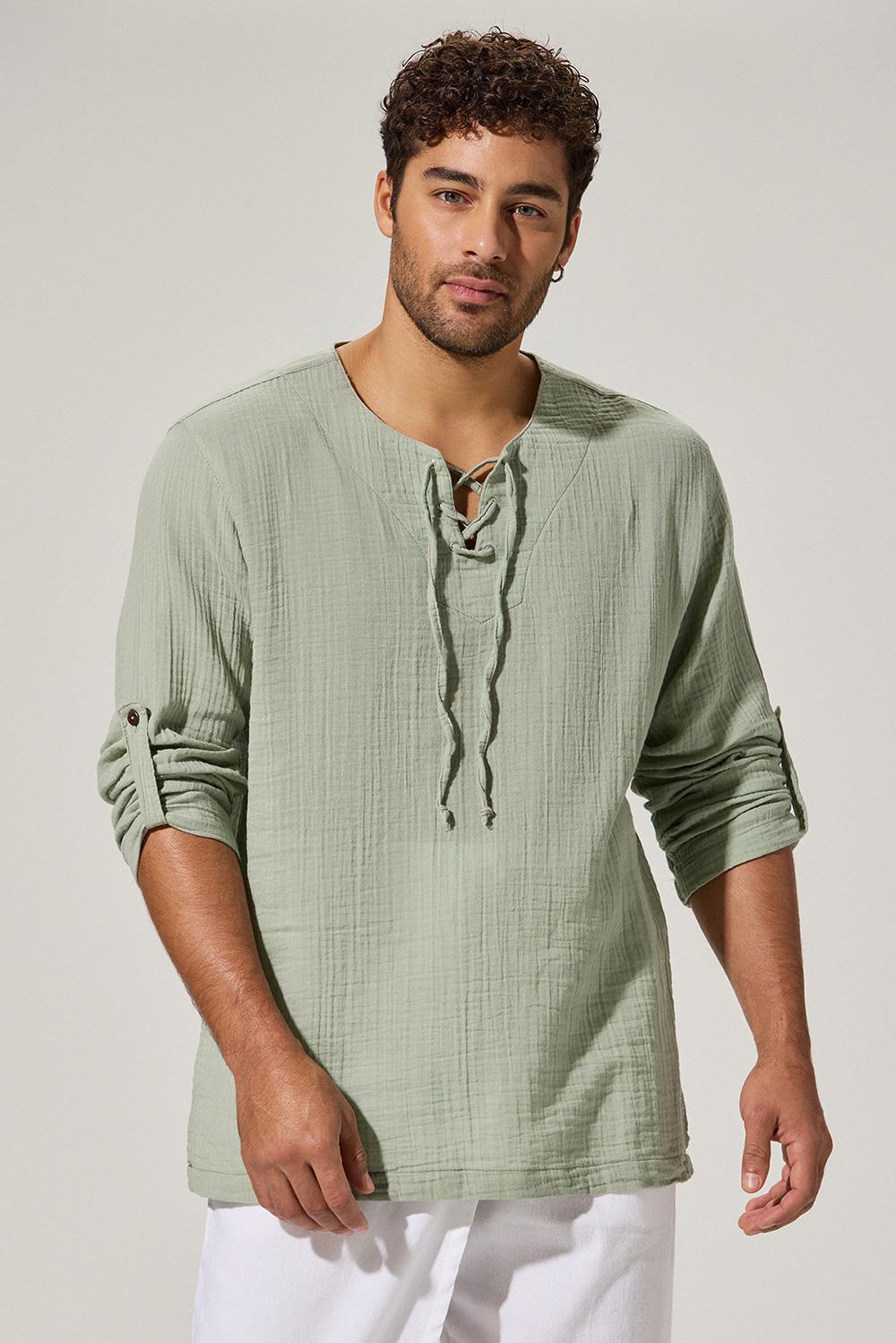 Uzun Kol Zımbalı Şile Bezi Yeşil Erkek T-Shirt