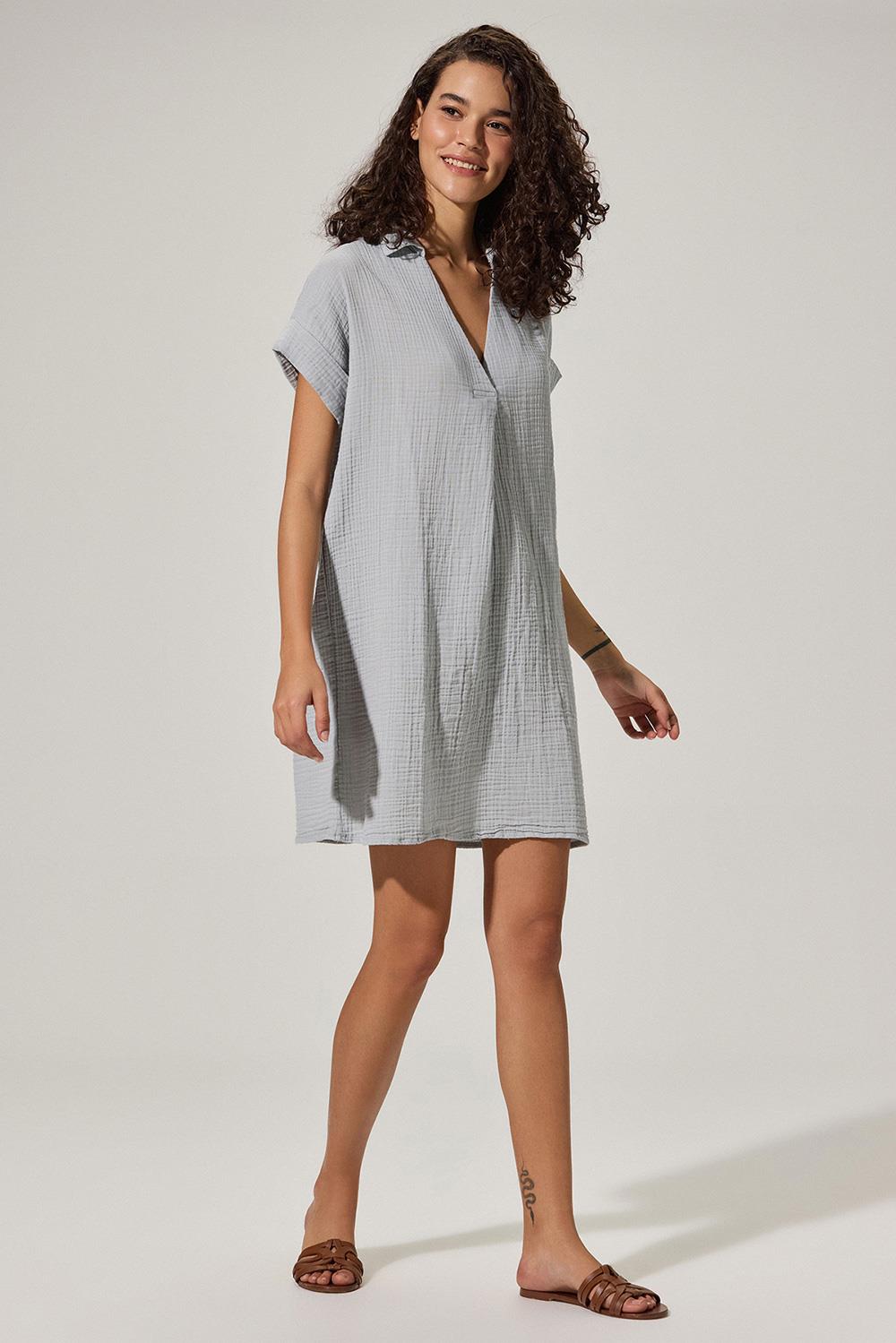 V Yaka Plikaşe Gri Kadın Elbise