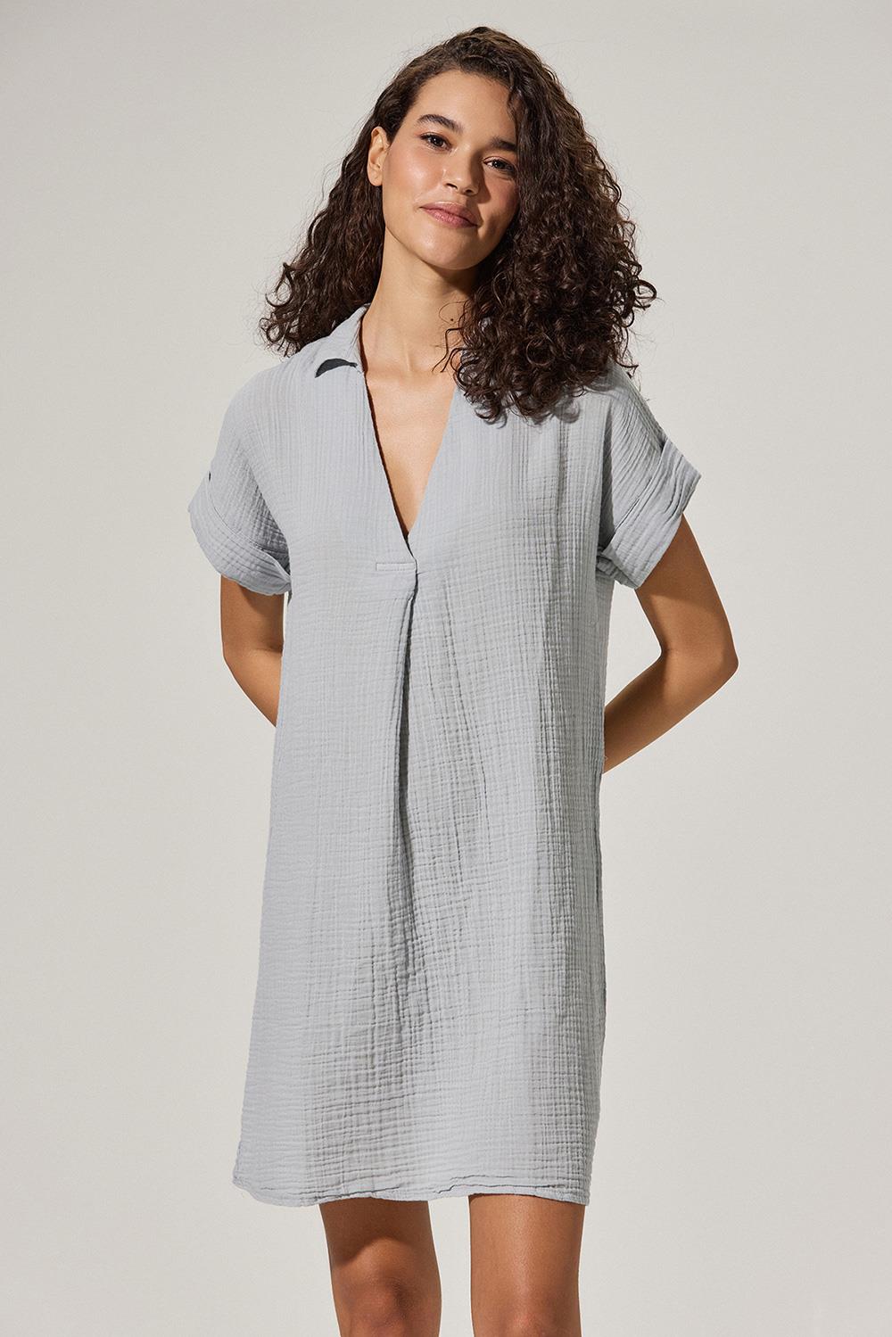 V Yaka Plikaşe Gri Kadın Elbise