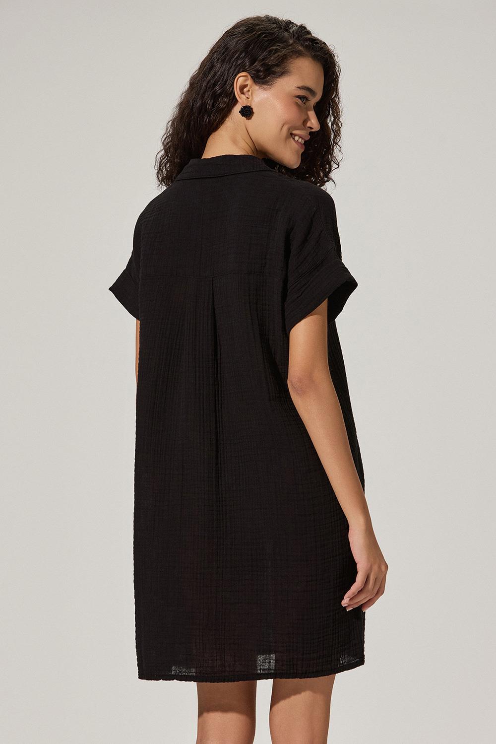 V Yaka Plikaşe Siyah Kadın Elbise