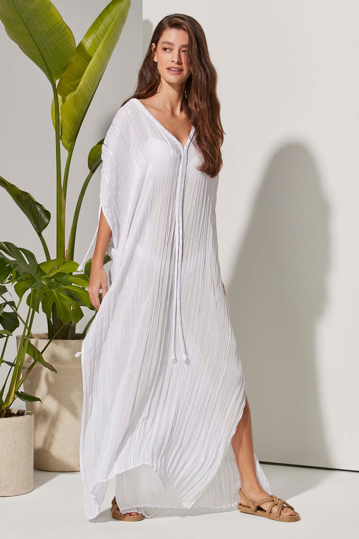 V Yaka Saç Örgülü Beyaz Kimono