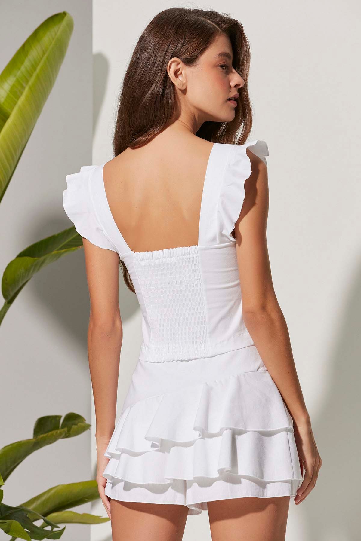 Volanlı Kısa Beyaz Kadın Bluz