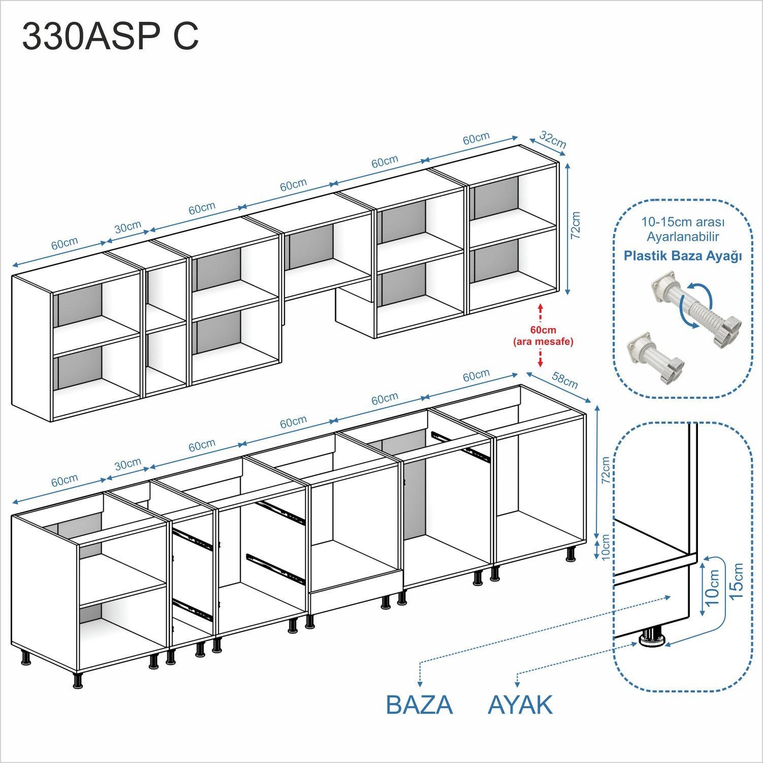 Dekorex Alba Serisi 330 Cm. Fırın Aspiratör Ve Çekmece Modüllü Hazır Mutfak Al-330asp-c