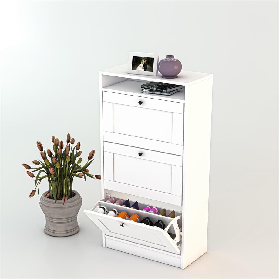 Dekorex AYK103-Beyaz Düşer Kapaklı Ayakkabılık