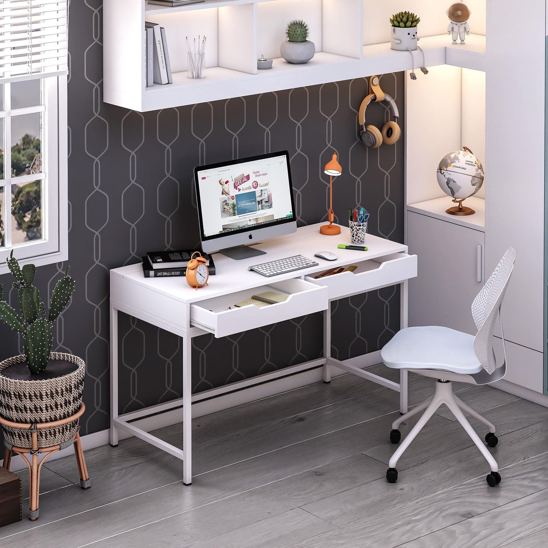 Dekorex CLM106-Beyaz Metal Ayaklı Çalışma Masası