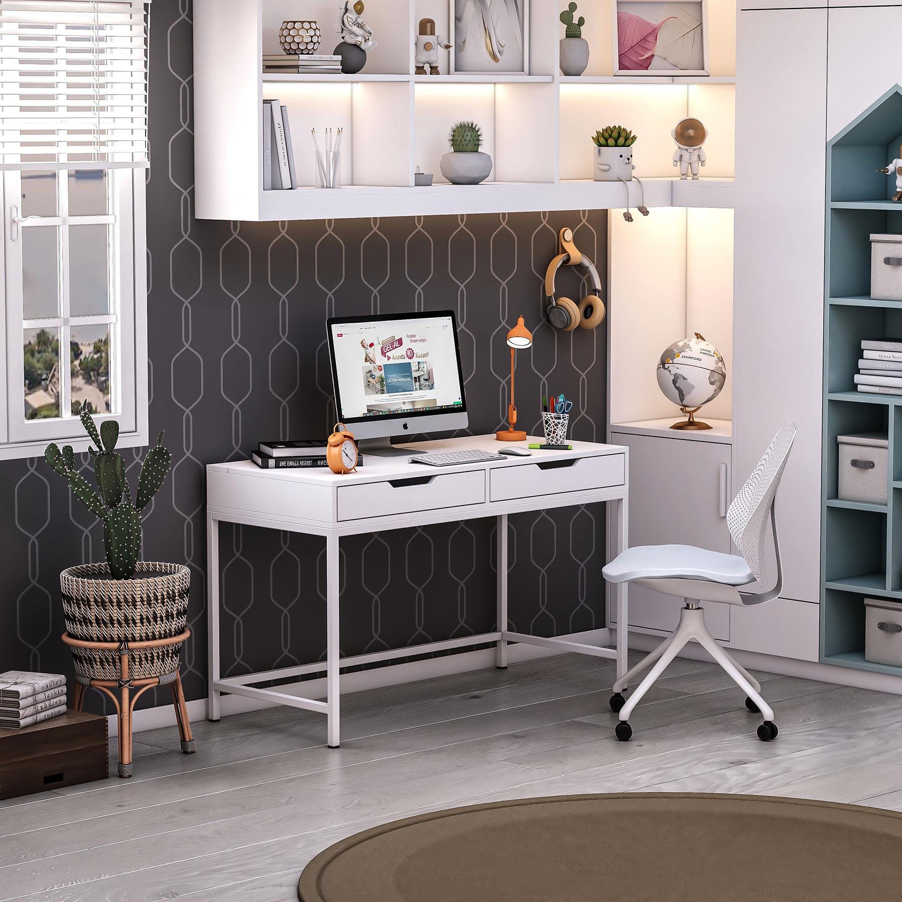 Dekorex CLM106-Beyaz Metal Ayaklı Çalışma Masası