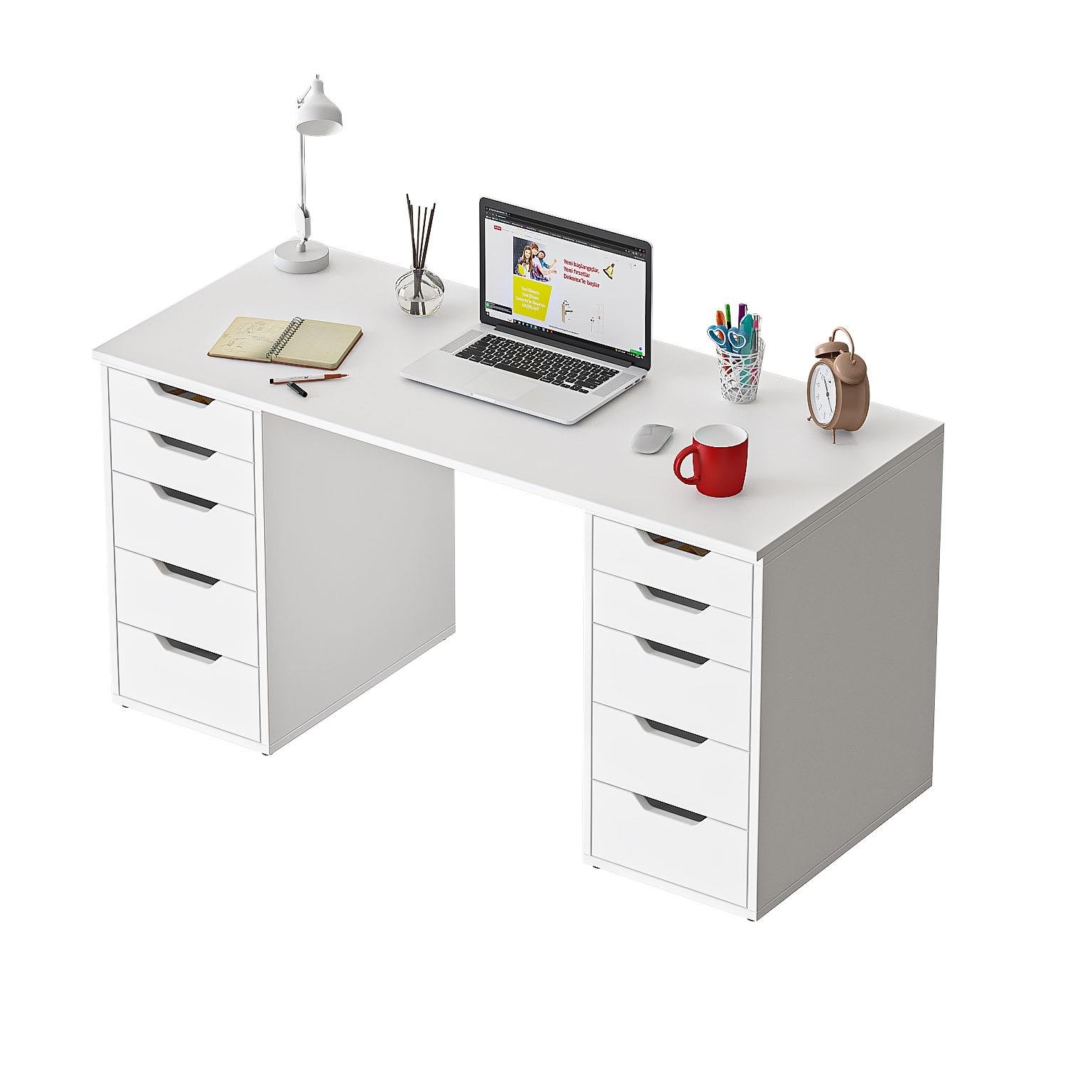 Dekorex CLM113-Beyaz 10 Çekmeceli Çalışma Masası