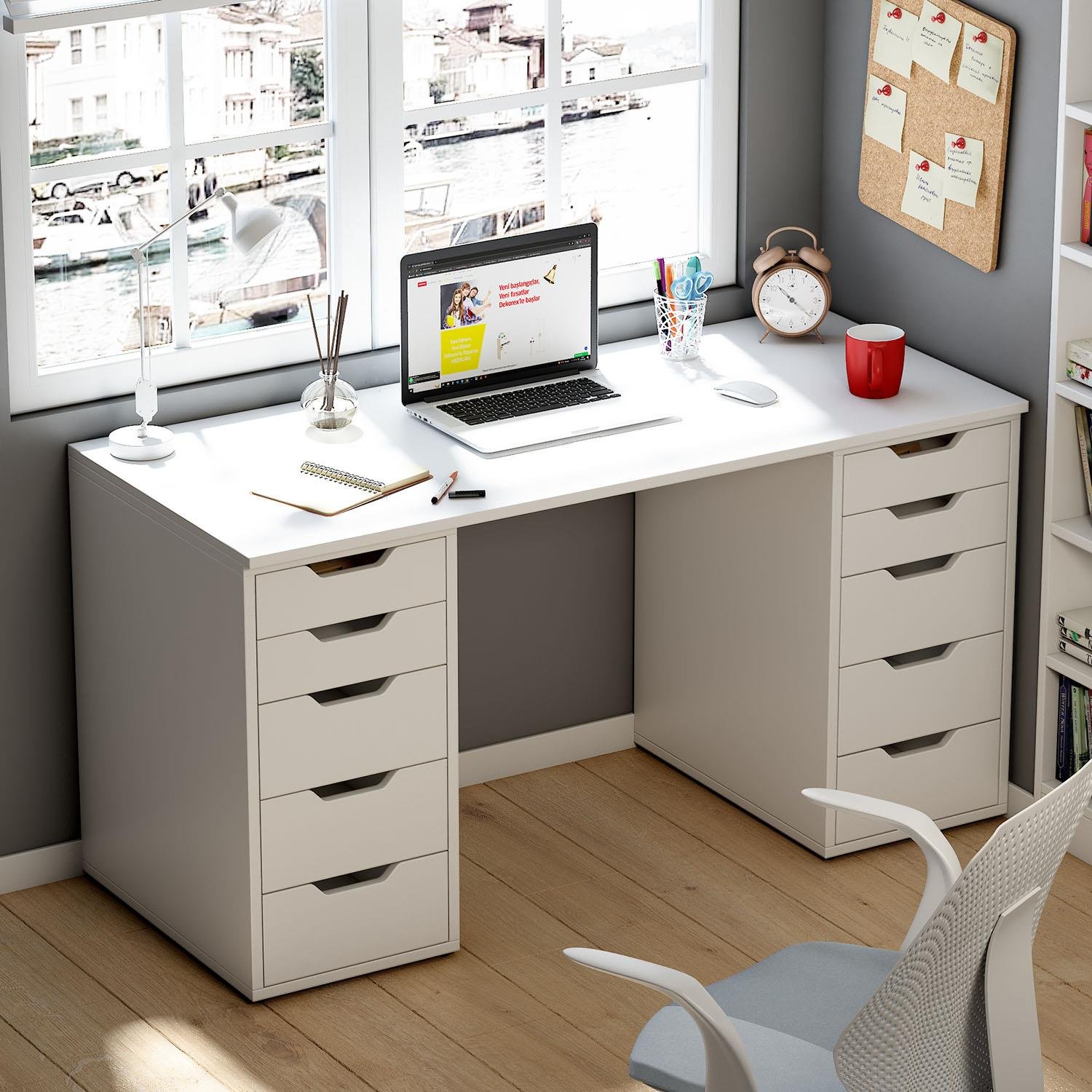 Dekorex CLM113-Beyaz 10 Çekmeceli Çalışma Masası