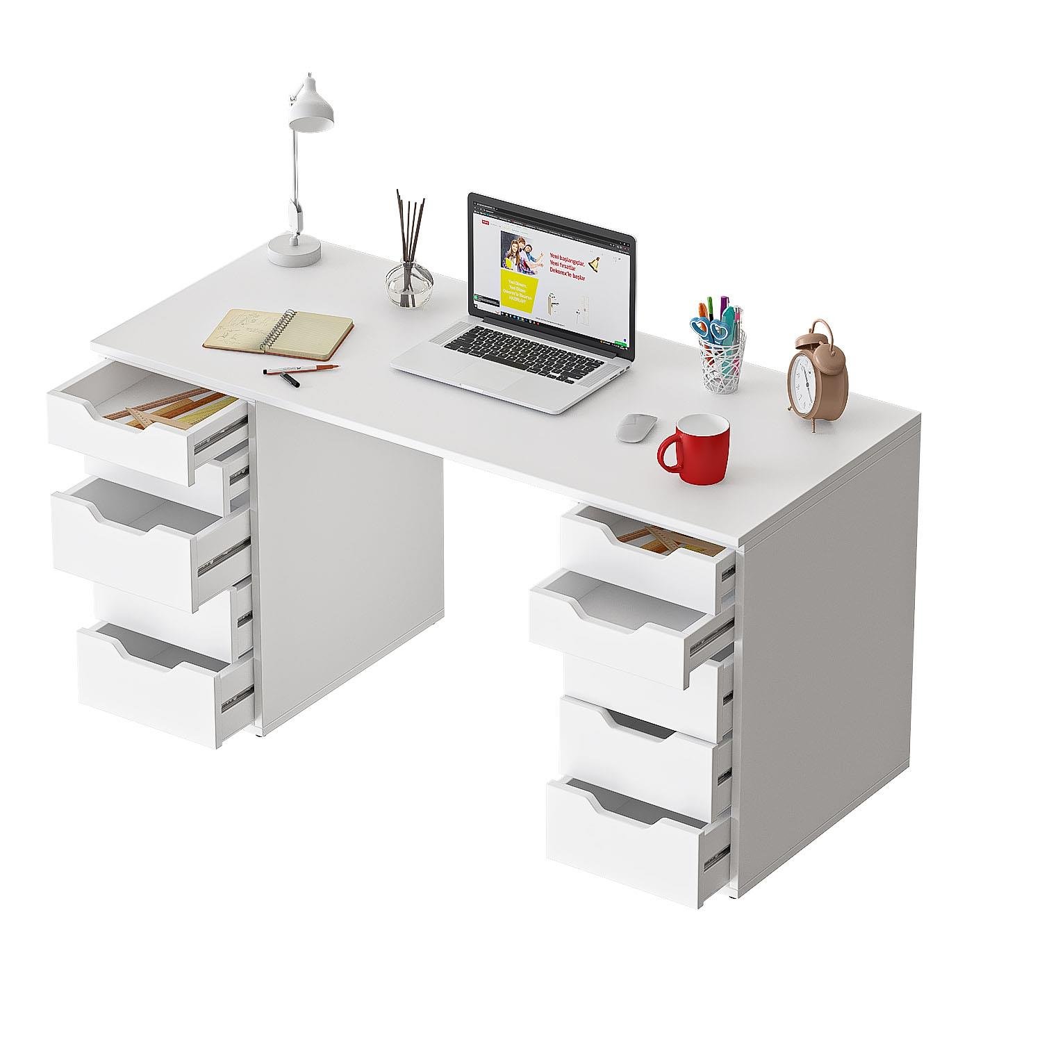 Dekorex CLM113-Beyaz 10 Çekmeceli Çalışma Masası