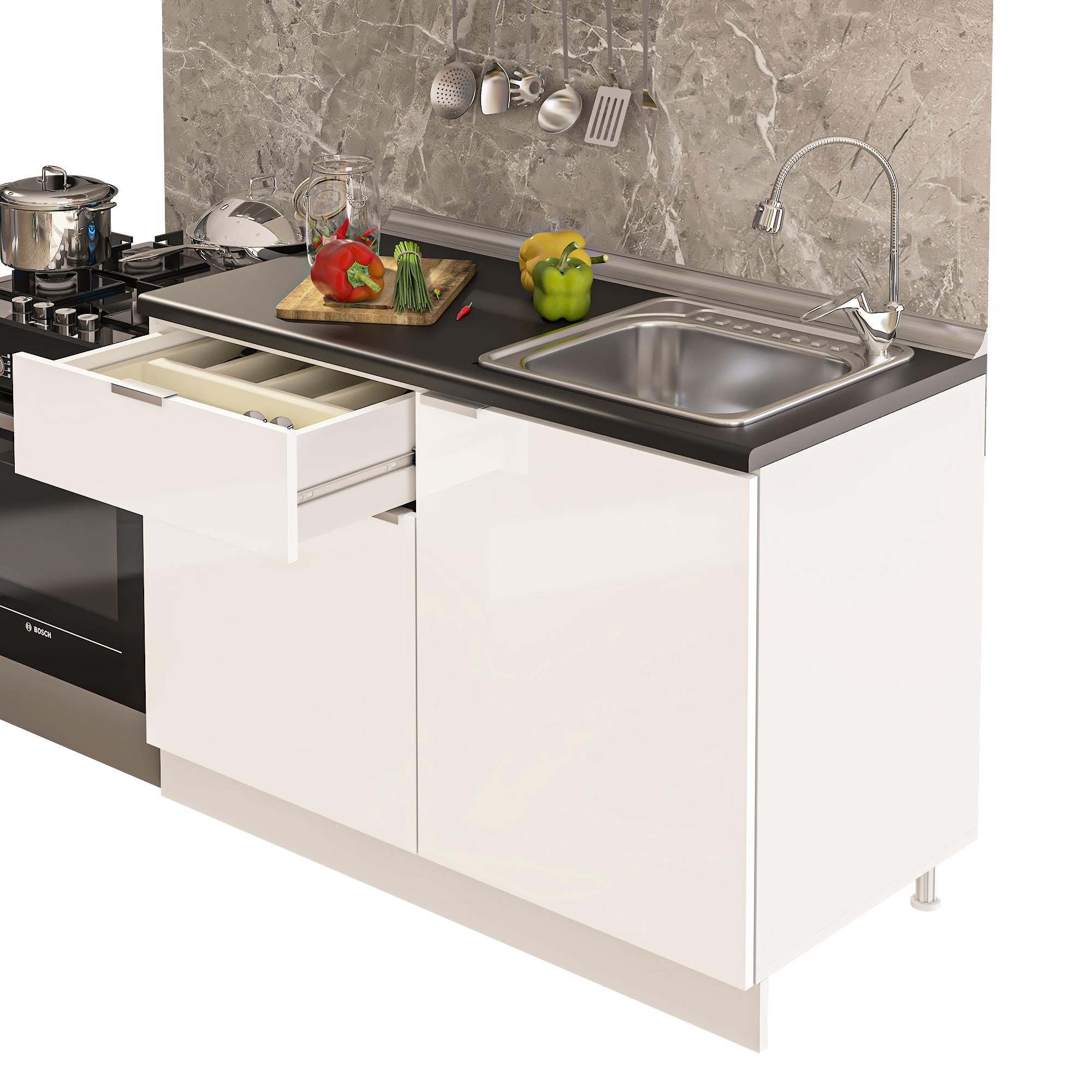 Dekorex Elsa Serisi 120 Cm Beyaz Siyah Tezgahlı Hazır Mutfak Ls-120dav-st