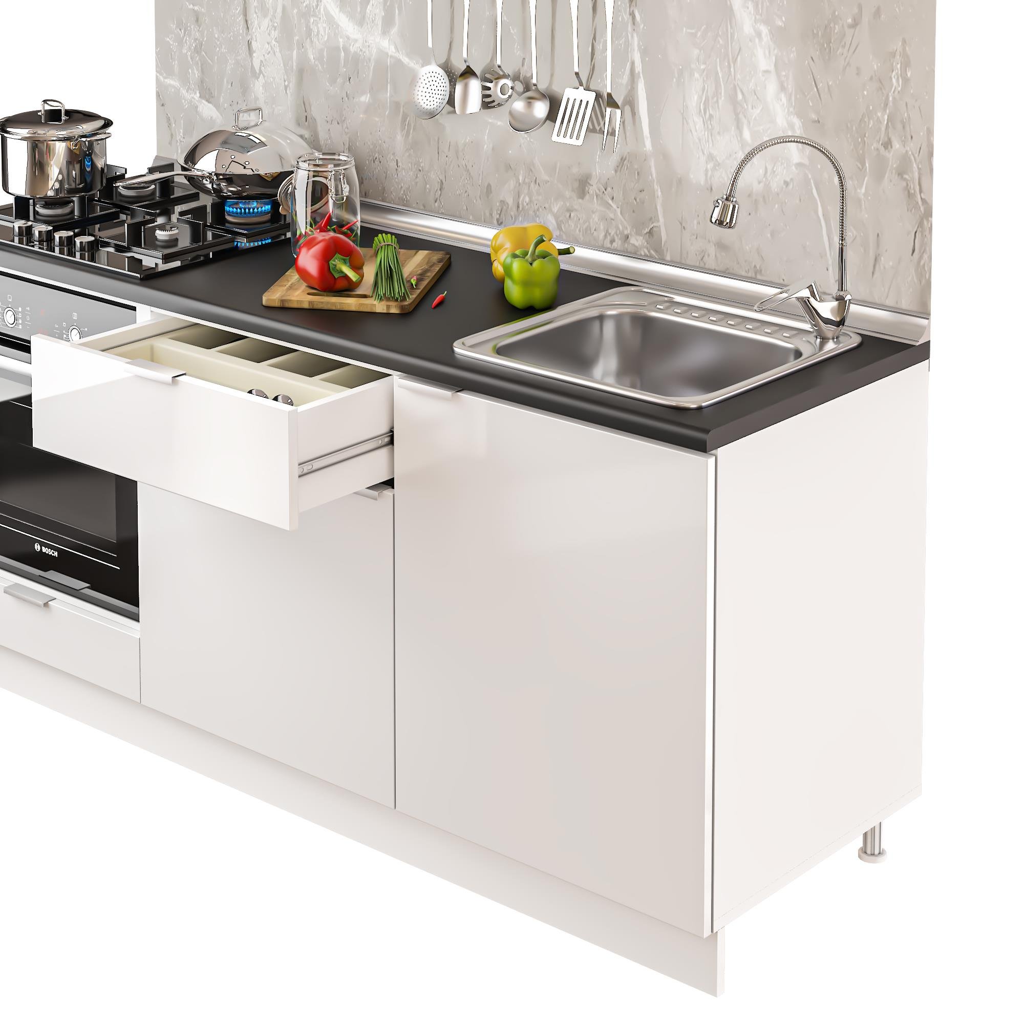Dekorex Elsa Serisi 180 Cm Beyaz Fırın Modüllü Siyah Tezgahlı Hazır Mutfak Ls-180dav-st