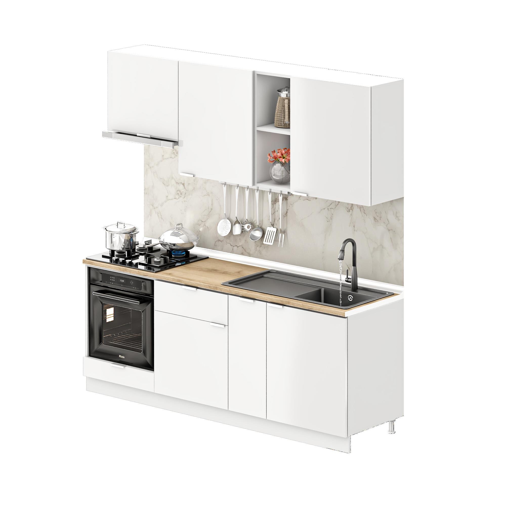 Dekorex Elsa Serisi 210 Cm Beyaz Aspiratör Ve Fırın Modüllü Meşe Tezgahlı Hazır Mutfak Ls-210asp-mt