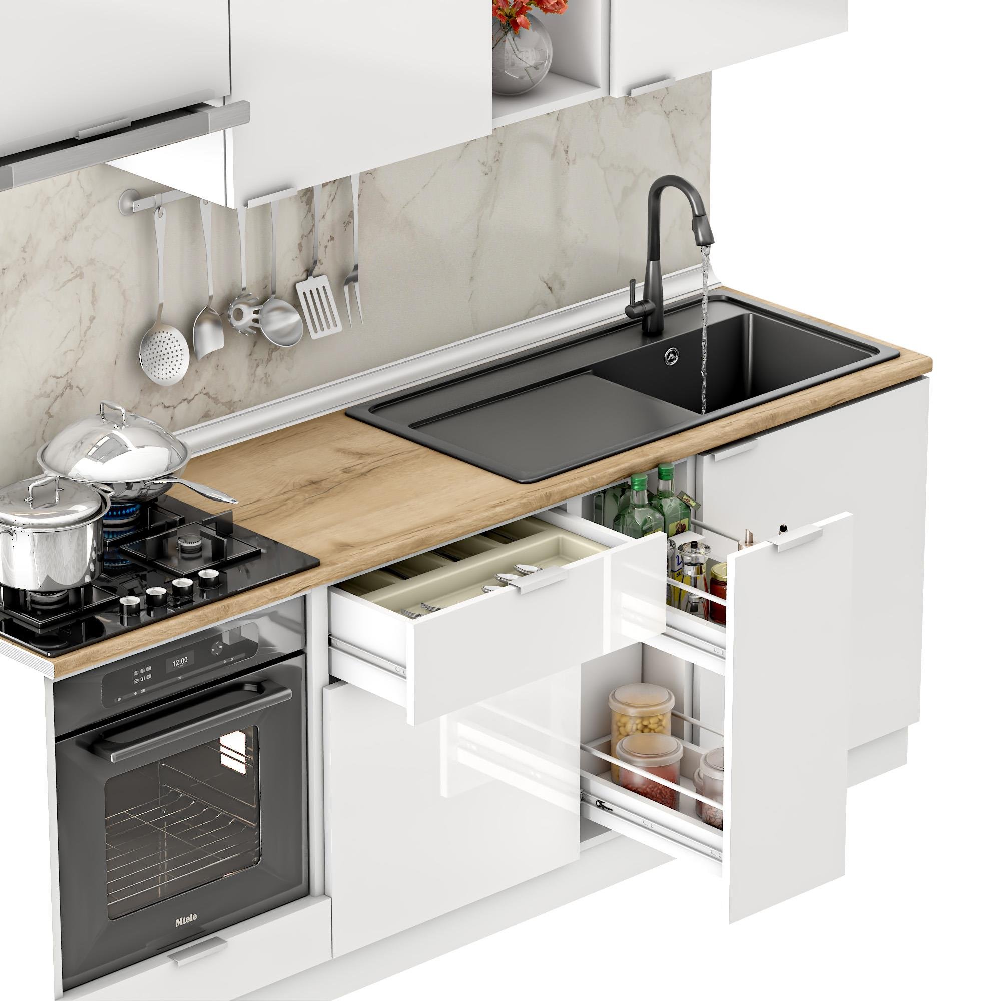Dekorex Elsa Serisi 210 Cm Beyaz Aspiratör Ve Fırın Modüllü Meşe Tezgahlı Hazır Mutfak Ls-210asp-mt