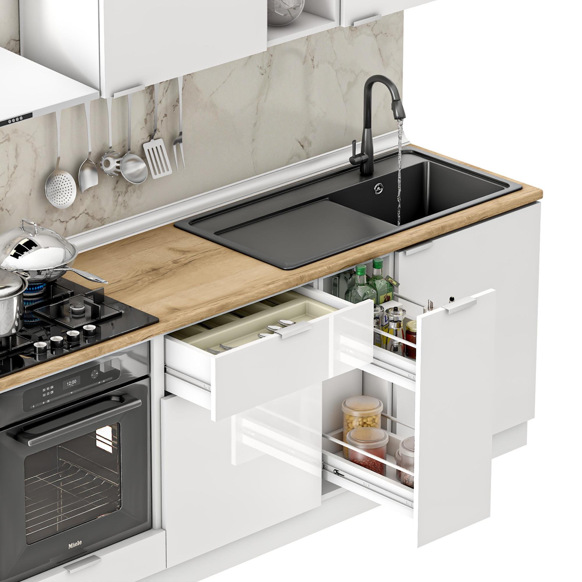 Dekorex Elsa Serisi 210 Cm Beyaz Fırın Modüllü Meşe Tezgahlı Hazır Mutfak Ls-210dav-mt