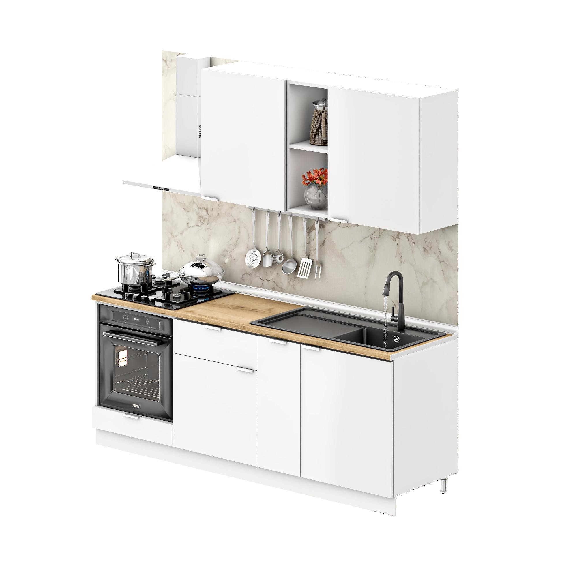 Dekorex Elsa Serisi 210 Cm Beyaz Fırın Modüllü Meşe Tezgahlı Hazır Mutfak Ls-210dav-mt