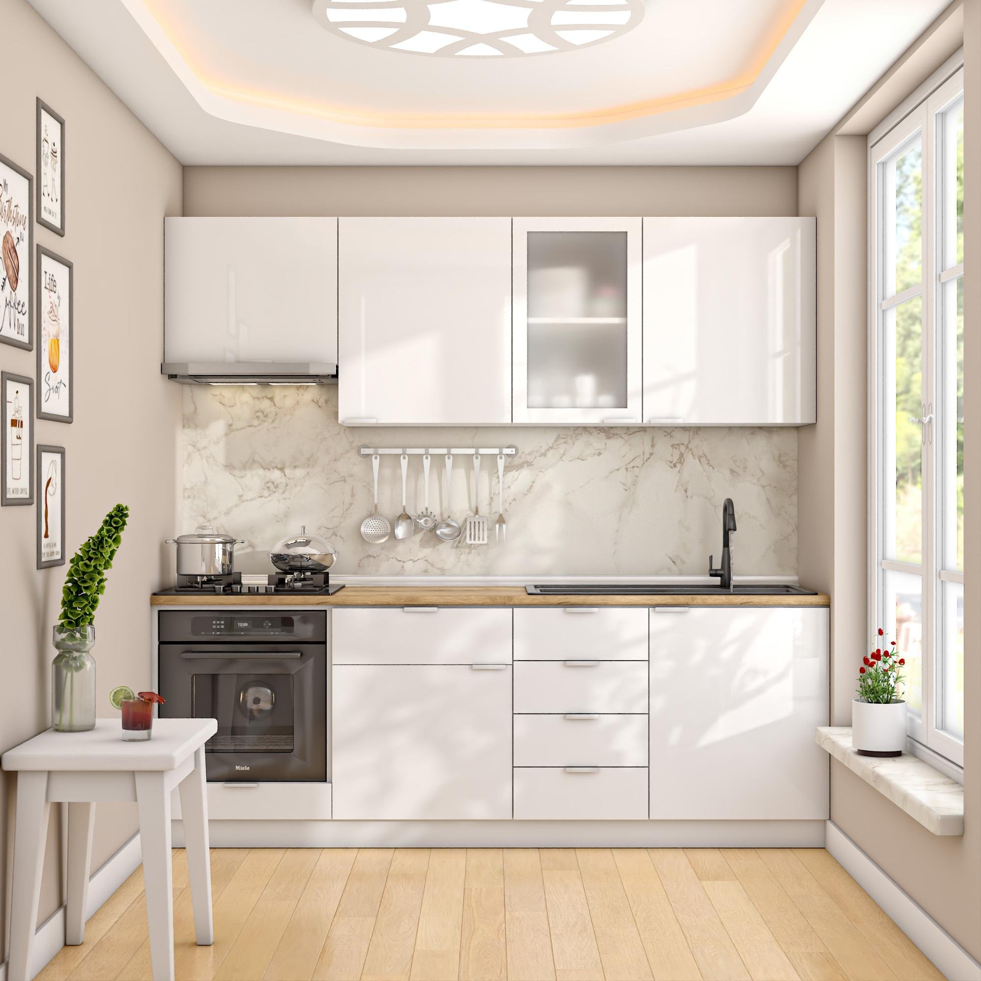 Dekorex Elsa Serisi 225 Cm Beyaz Aspiratör Ve Fırın Modüllü Meşe Tezgahlı Hazır Mutfak Ls-225asp-mt