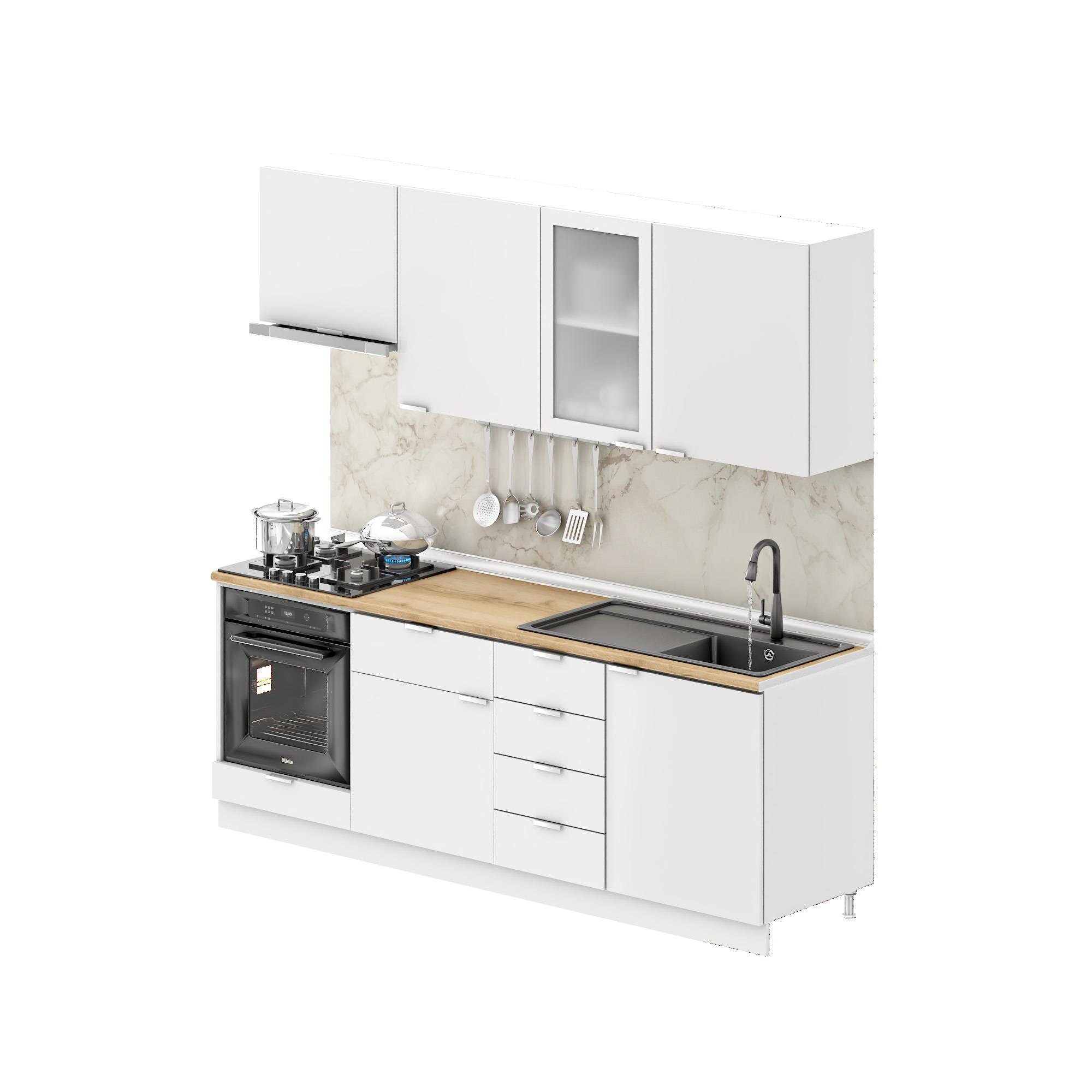 Dekorex Elsa Serisi 225 Cm Beyaz Aspiratör Ve Fırın Modüllü Meşe Tezgahlı Hazır Mutfak Ls-225asp-mt