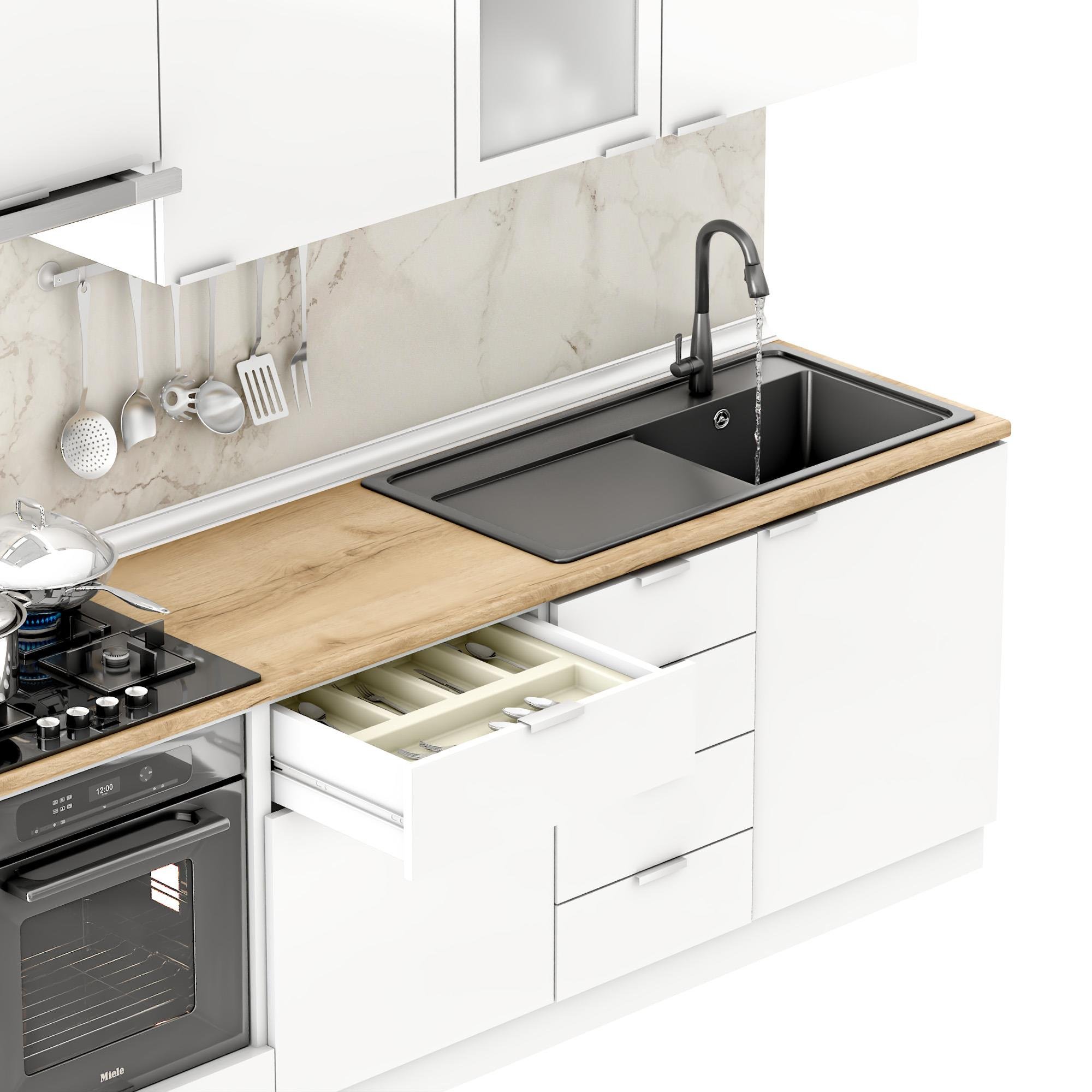 Dekorex Elsa Serisi 225 Cm Beyaz Aspiratör Ve Fırın Modüllü Meşe Tezgahlı Hazır Mutfak Ls-225asp-mt