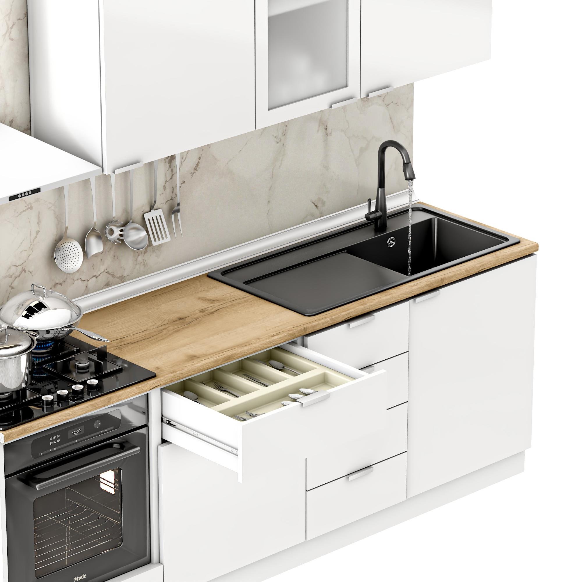 Dekorex Elsa Serisi 225 Cm Beyaz Fırın Modüllü Meşe Tezgahlı Hazır Mutfak Ls-225dav-mt