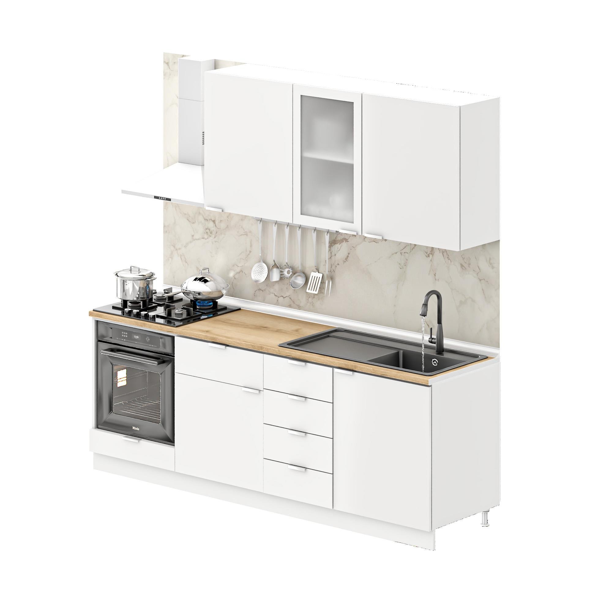 Dekorex Elsa Serisi 225 Cm Beyaz Fırın Modüllü Meşe Tezgahlı Hazır Mutfak Ls-225dav-mt
