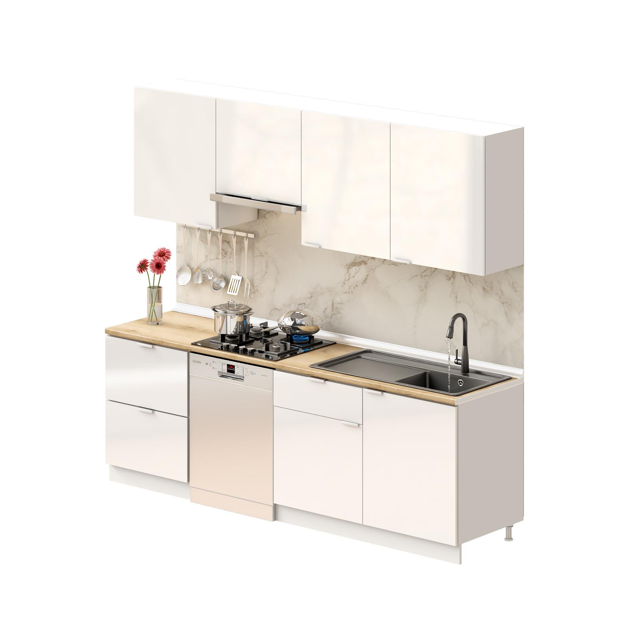 Dekorex Elsa Serisi 240 Cm Beyaz Aspiratör Ve Çekmece Modüllü Meşe Tezgahlı Hazır Mutfak Ls-240asp-bc-mt
