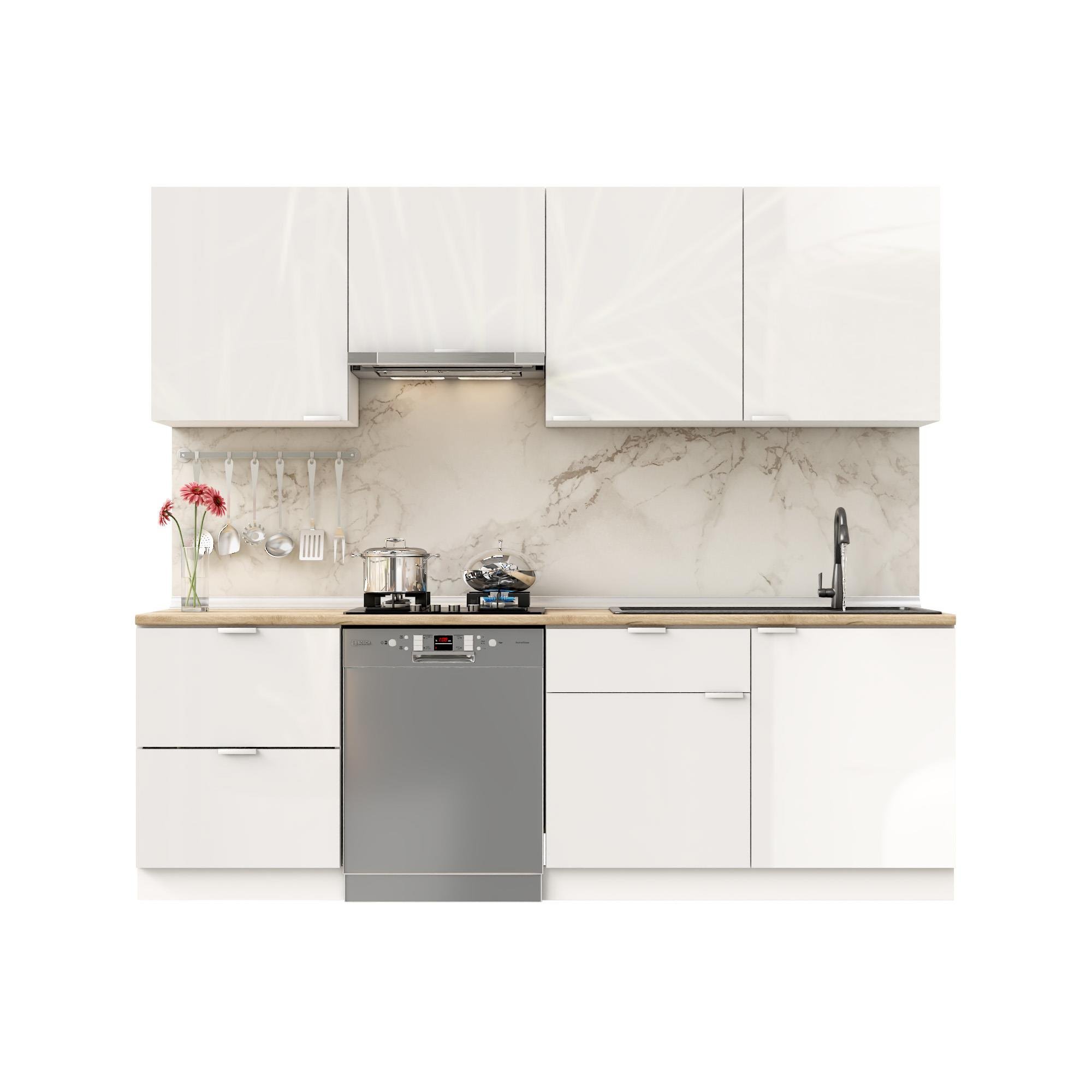 Dekorex Elsa Serisi 240 Cm Beyaz Aspiratör Ve Çekmece Modüllü Meşe Tezgahlı Hazır Mutfak Ls-240asp-bc-mt