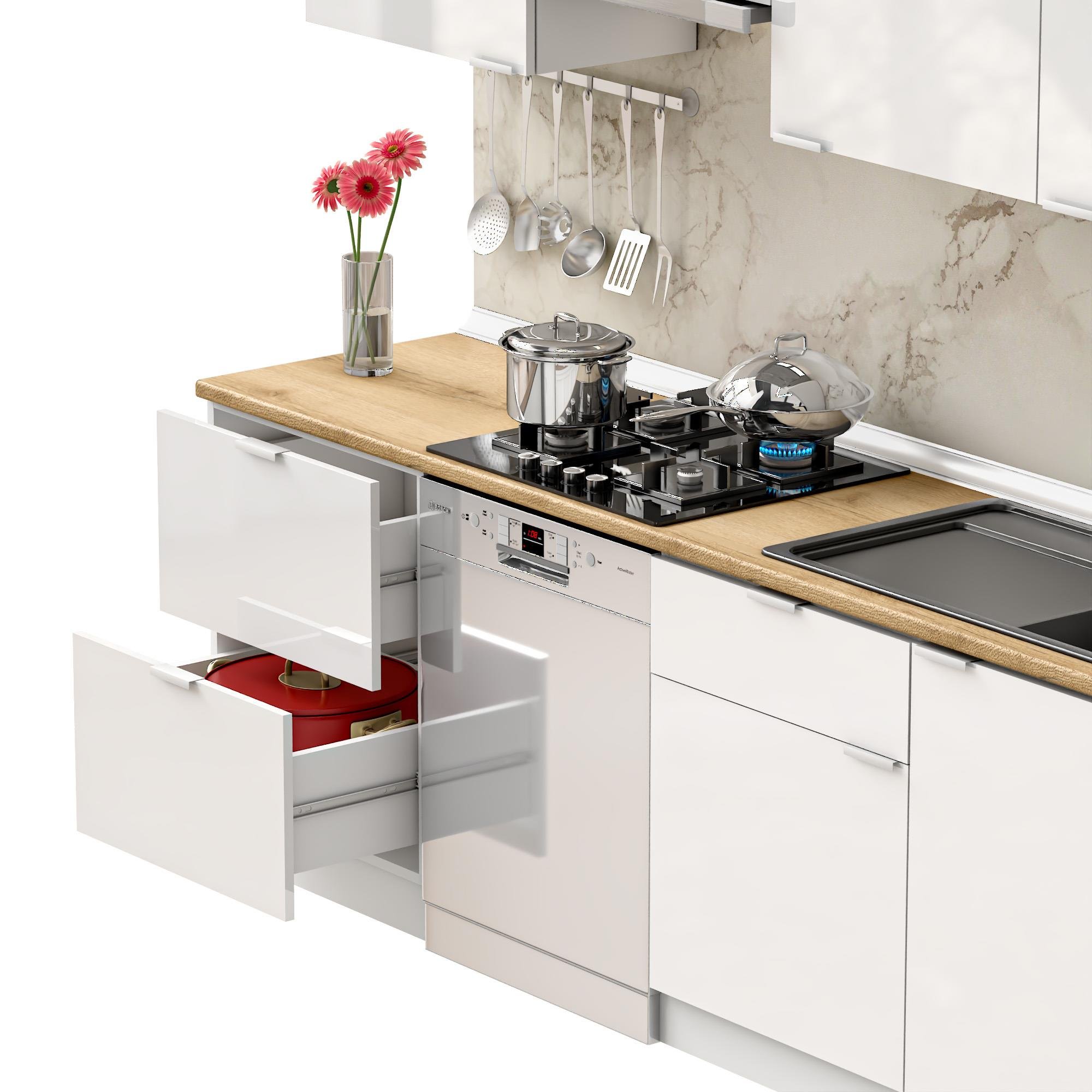 Dekorex Elsa Serisi 240 Cm Beyaz Aspiratör Ve Çekmece Modüllü Meşe Tezgahlı Hazır Mutfak Ls-240asp-bc-mt