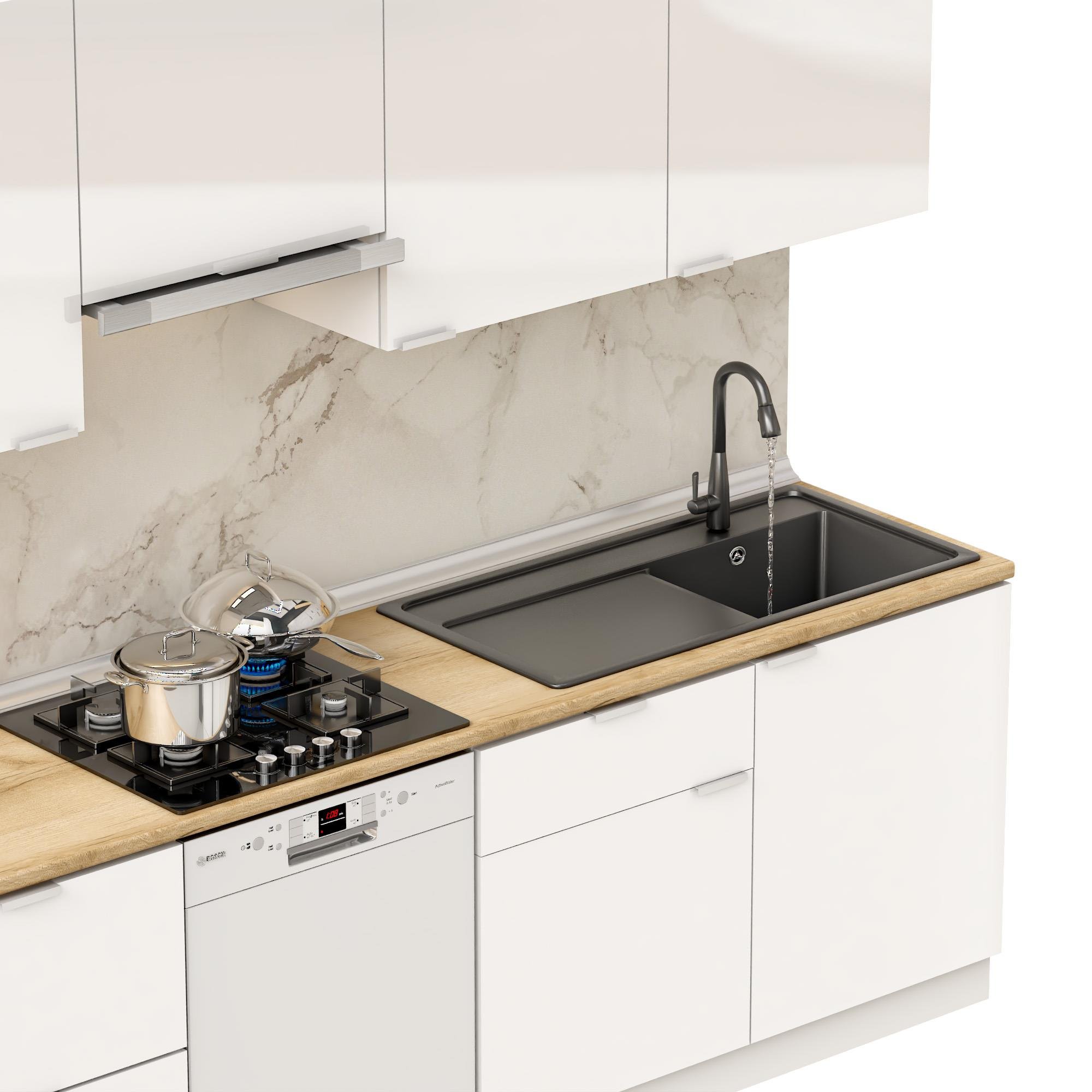 Dekorex Elsa Serisi 240 Cm Beyaz Aspiratör Ve Çekmece Modüllü Meşe Tezgahlı Hazır Mutfak Ls-240asp-bc-mt