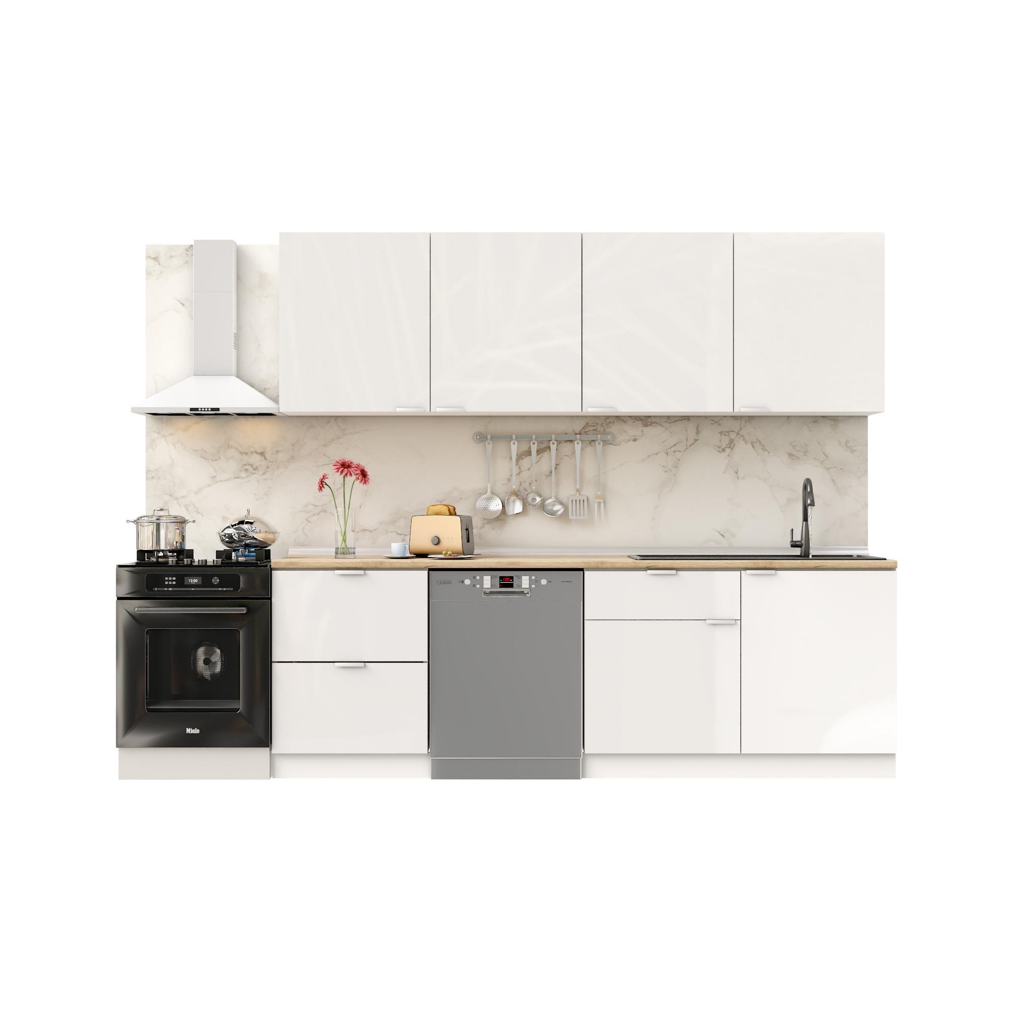 Dekorex Elsa Serisi 240 Cm Beyaz Çekmece Modüllü Meşe Tezgahlı Hazır Mutfak Ls-240dav-bc-mt